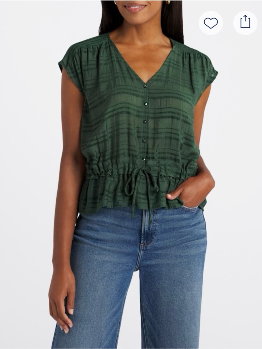 Bobeau Drawstring Waist V-Neck Cap Sleeve Top - Green